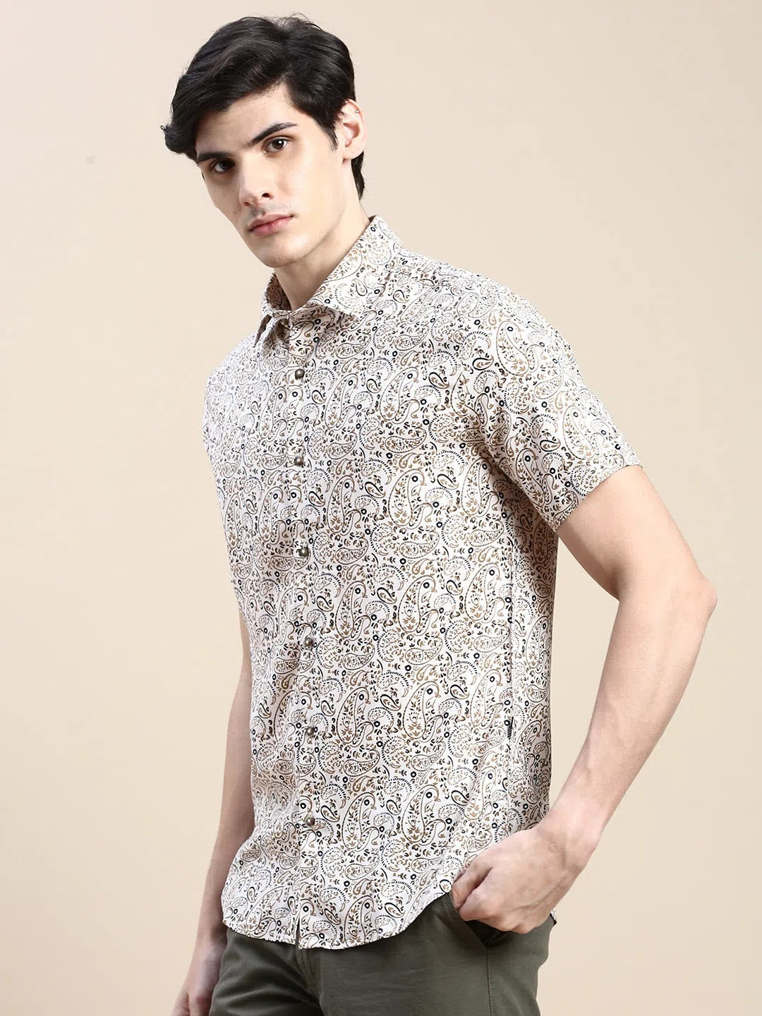 Cream Printed Cotton Mens Shirt | DesiQlo Casual Shirt