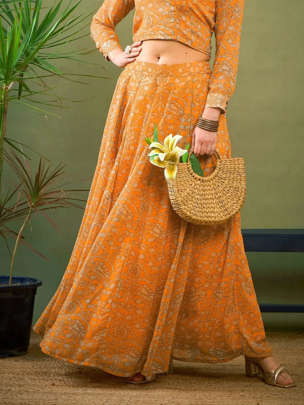 Yellow Floral Anarkali Skirt | Printed Ethnic Skirts for Women
