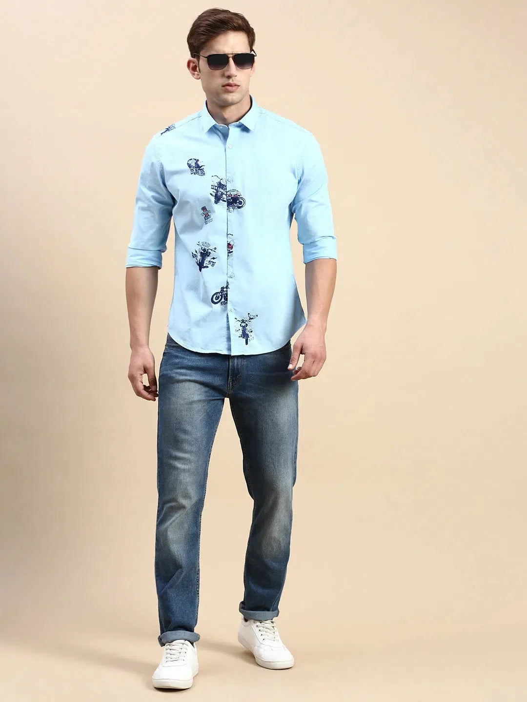 Men's Blue Printed Cotton Shirt - Casual Mens Shirt by DesiQlo