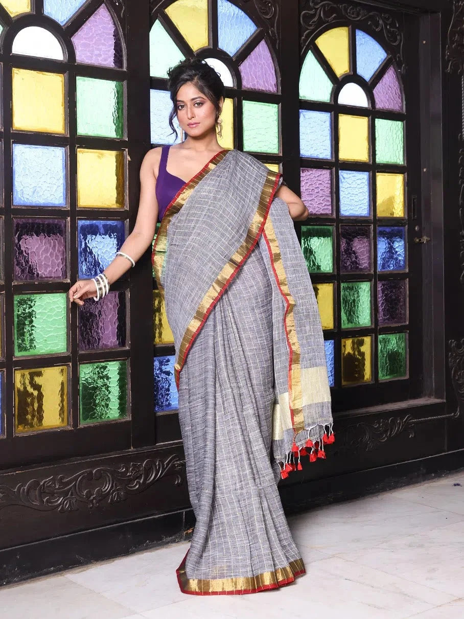 Grey Linen Check Saree with Zari - Designer Sarees India