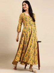 Women's Yellow Embellished Anarkali Kurta-AT-A027-LG-Yellow