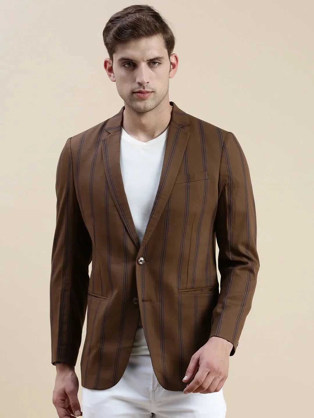 Brown Striped Casual Blazer | Men's Ethnic Wear DesiQlo