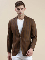 Men Brown Striped Casual Blazer-SOBLZ-022-7-Brown