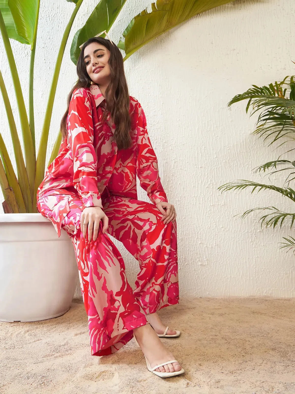 Red Floral Indian Suits - Oversize Shirt & Box Pocket Pants