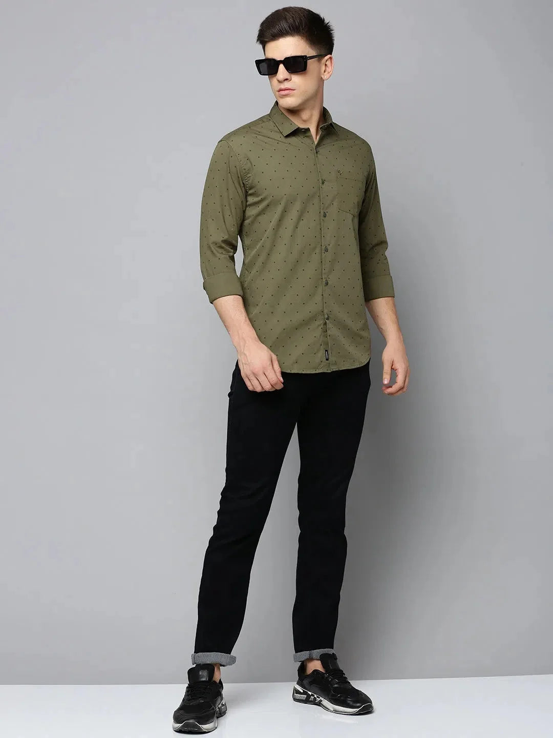 Olive Green Printed Cotton Mens Shirt | Casual DesiQlo