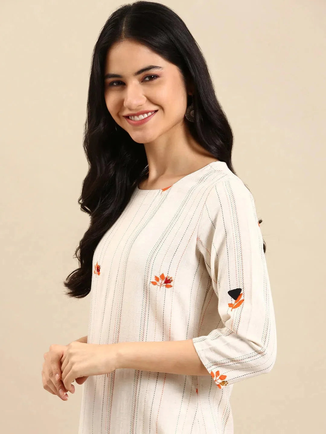 Women's White Striped Cotton Kurta Set with Dupatta