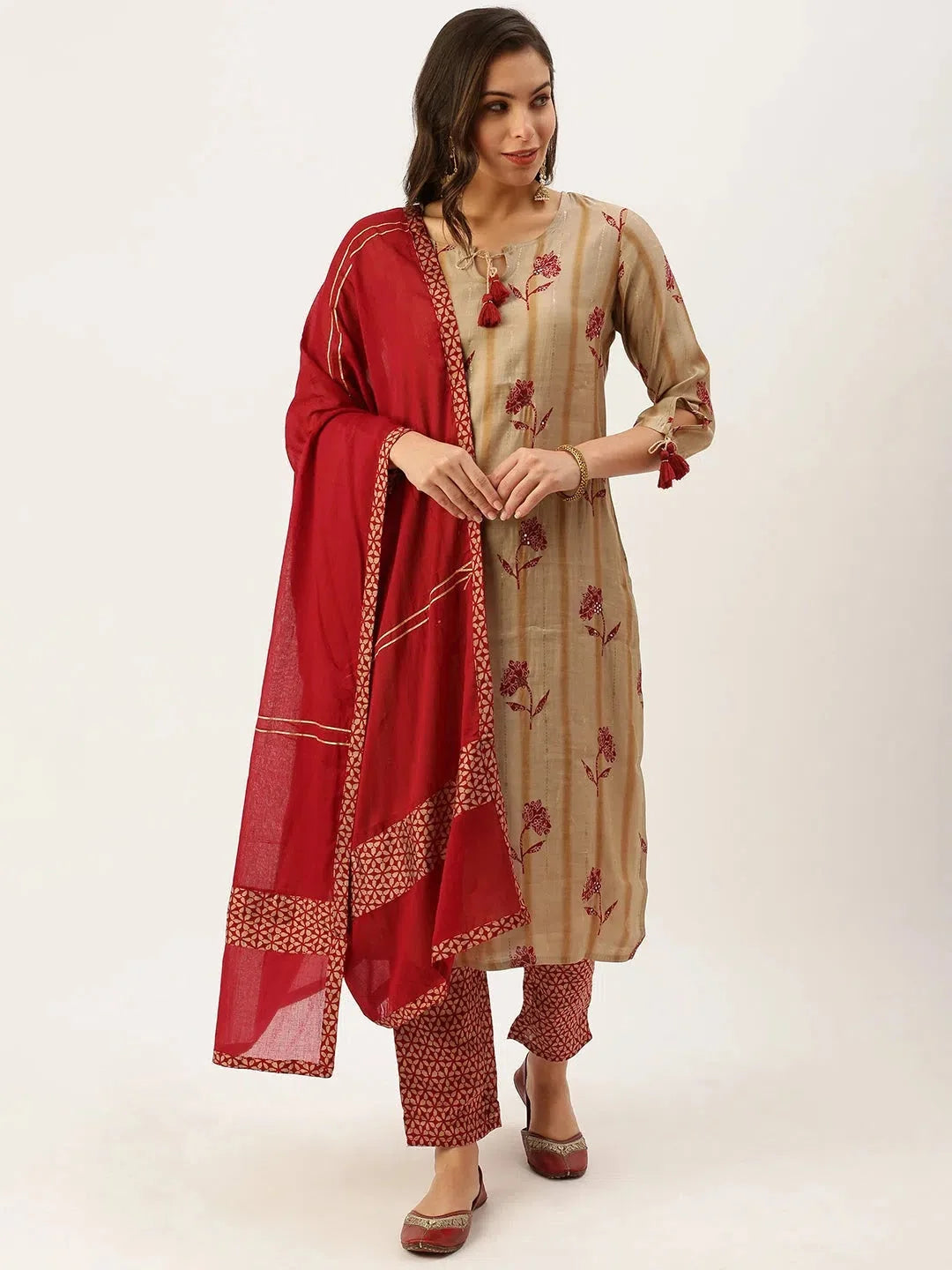 Beige Cotton Women's Kurta Sets | Indian Kurta Set with Dupatta