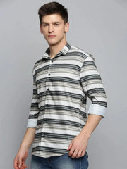 Men Green Striped Casual Shirt-LARGEPRINT-2087-Olive