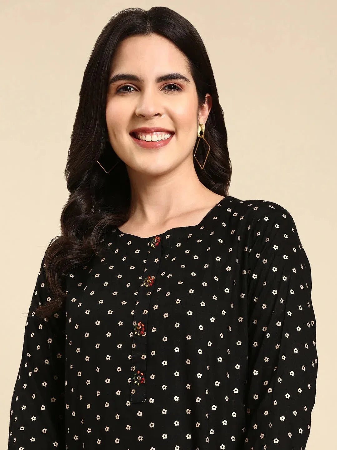 Black Cotton Printed Indian Kurta - Ladies Trendy Kurtis