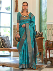 Women's Organza Blue Woven Design Handloom Saree With Blouse Piece-KALKI309005