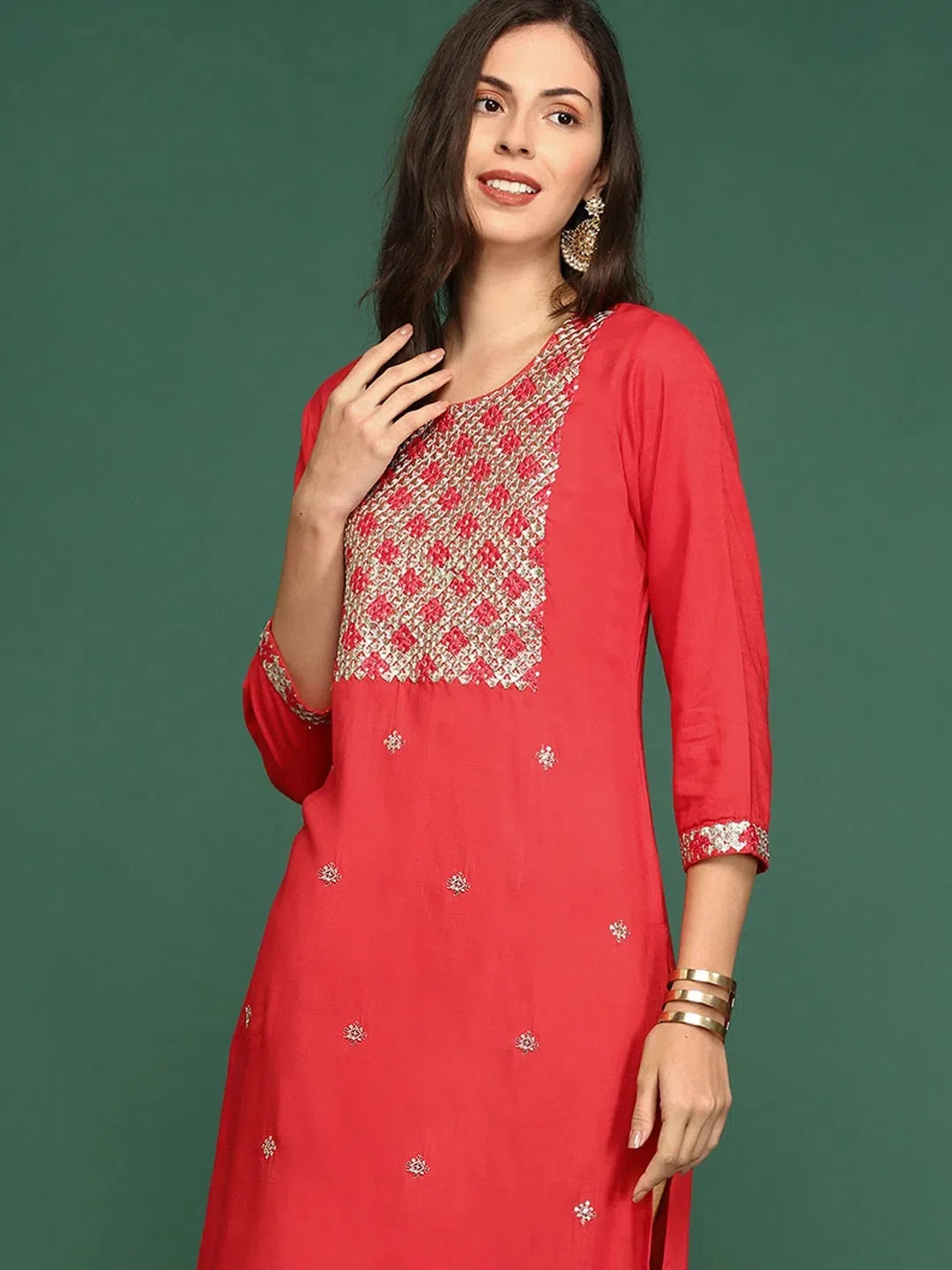 Red Embellished Cotton Kurta | Women's Indian Kurta Design