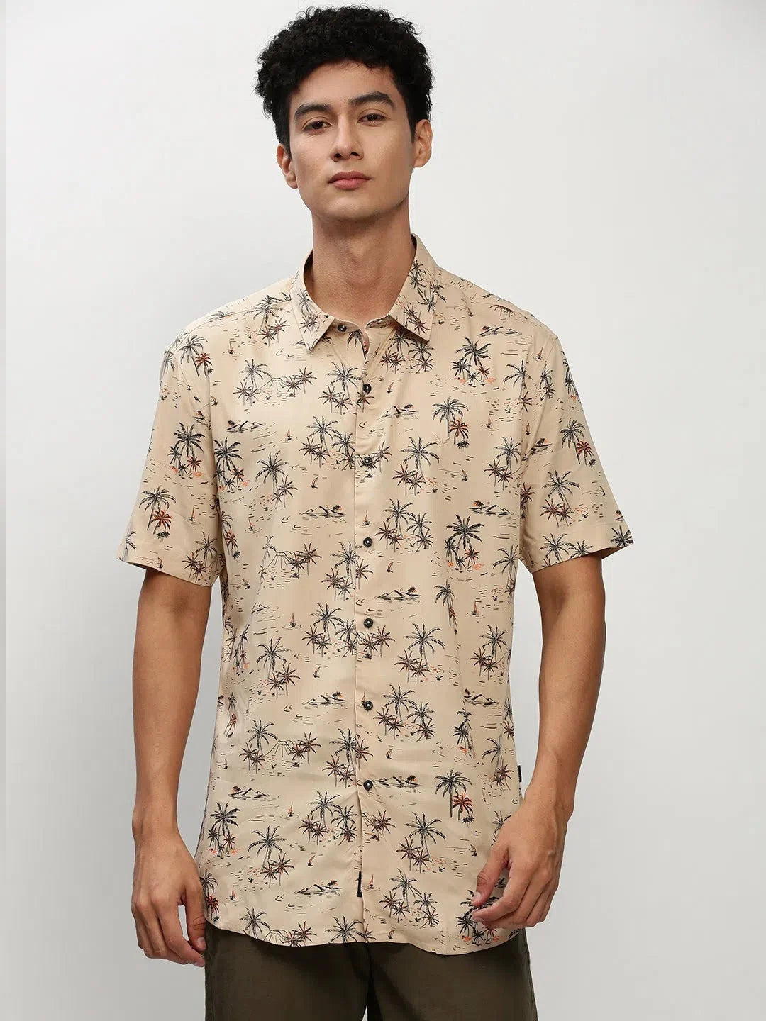 Beige Floral Cotton Shirt | Mens Casual Printed Shirt DesiQlo