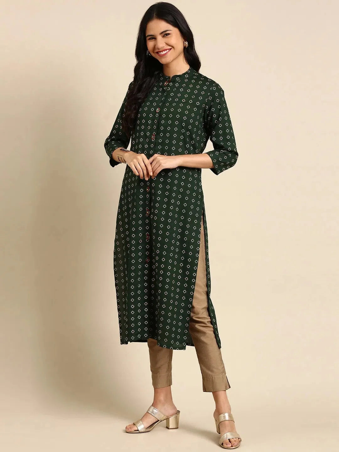 Green Printed Kurta - Women's Polyester Indian Kurtis | DesiQlo