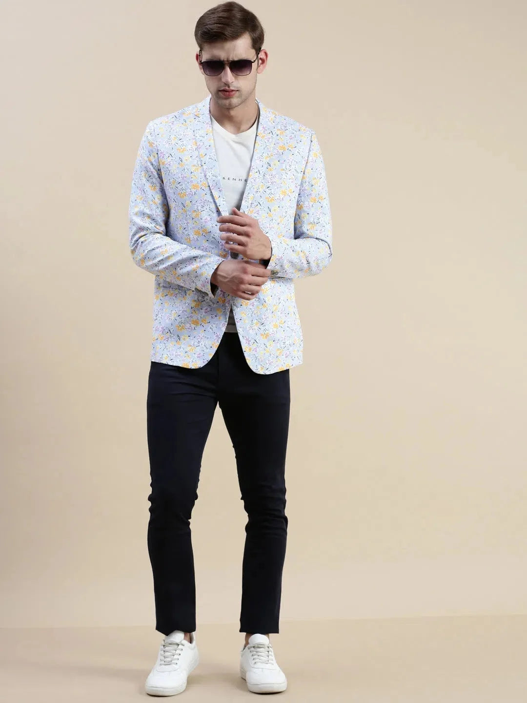 Turquoise Blue Printed Blazer | Men's Ethnic Wear - DesiQlo