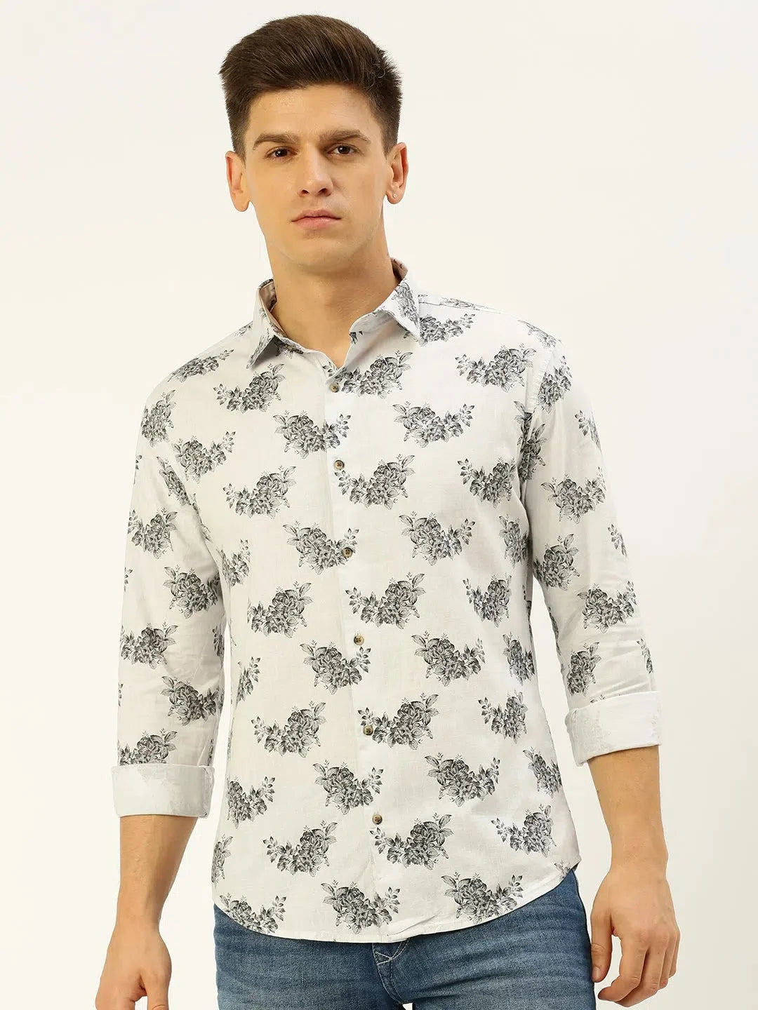 Vibrant White Printed Cotton Mens Shirt - Casual Style | DesiQlo
