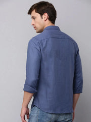 Men Navy Solid Casual Shirt-DARIANPURELINEN-3304-Navyblue