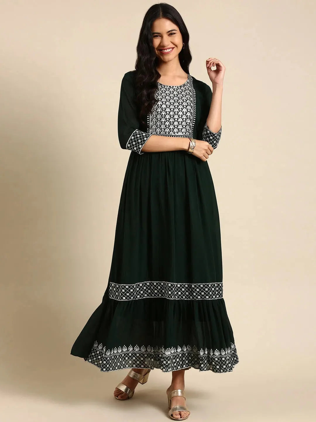 Women's Green Solid Nylon Anarkali Kurta | DesiQlo Fashion