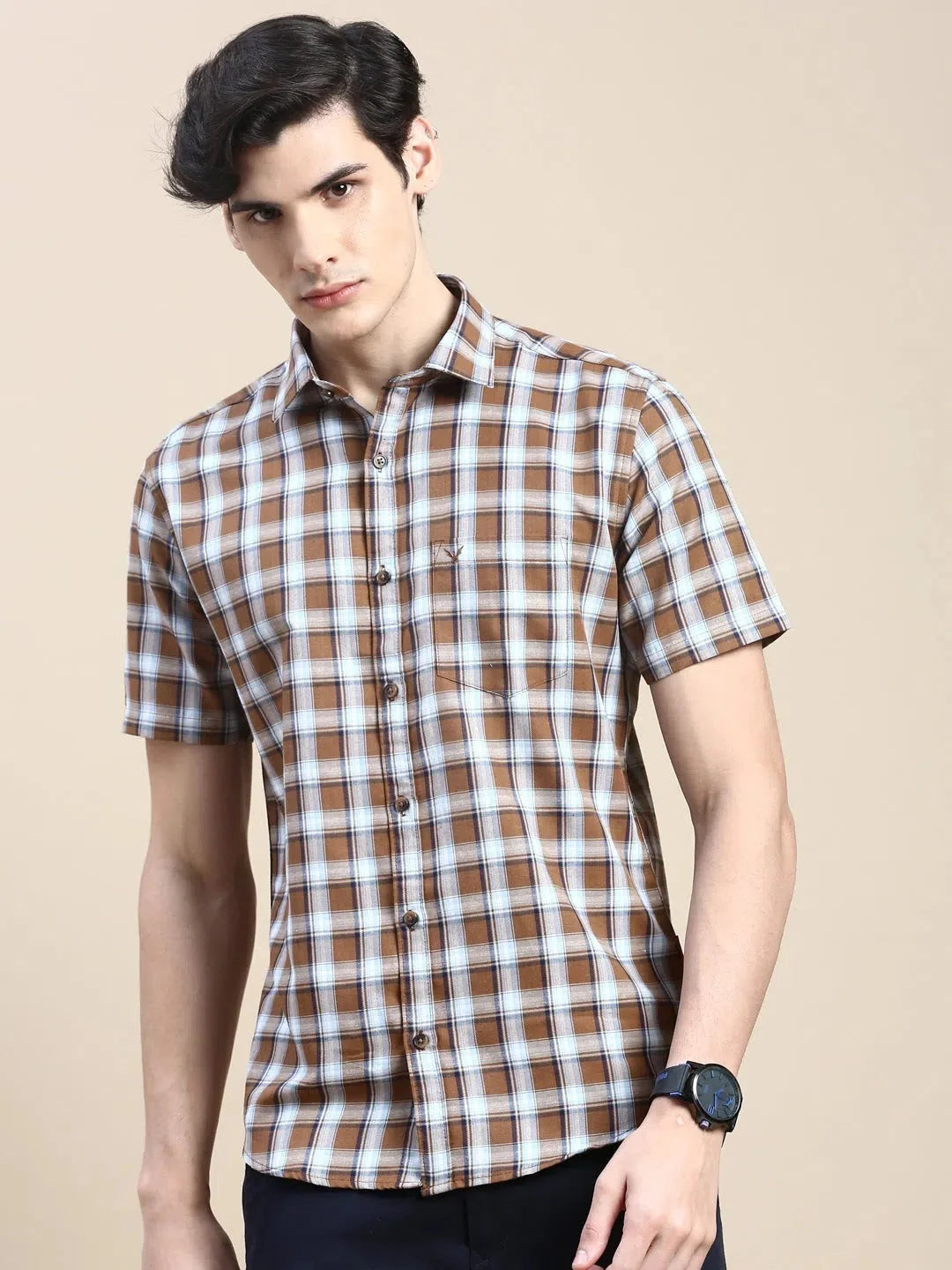 Buy Men's Khaki Checked Cotton Shirt | Casual & Stylish
