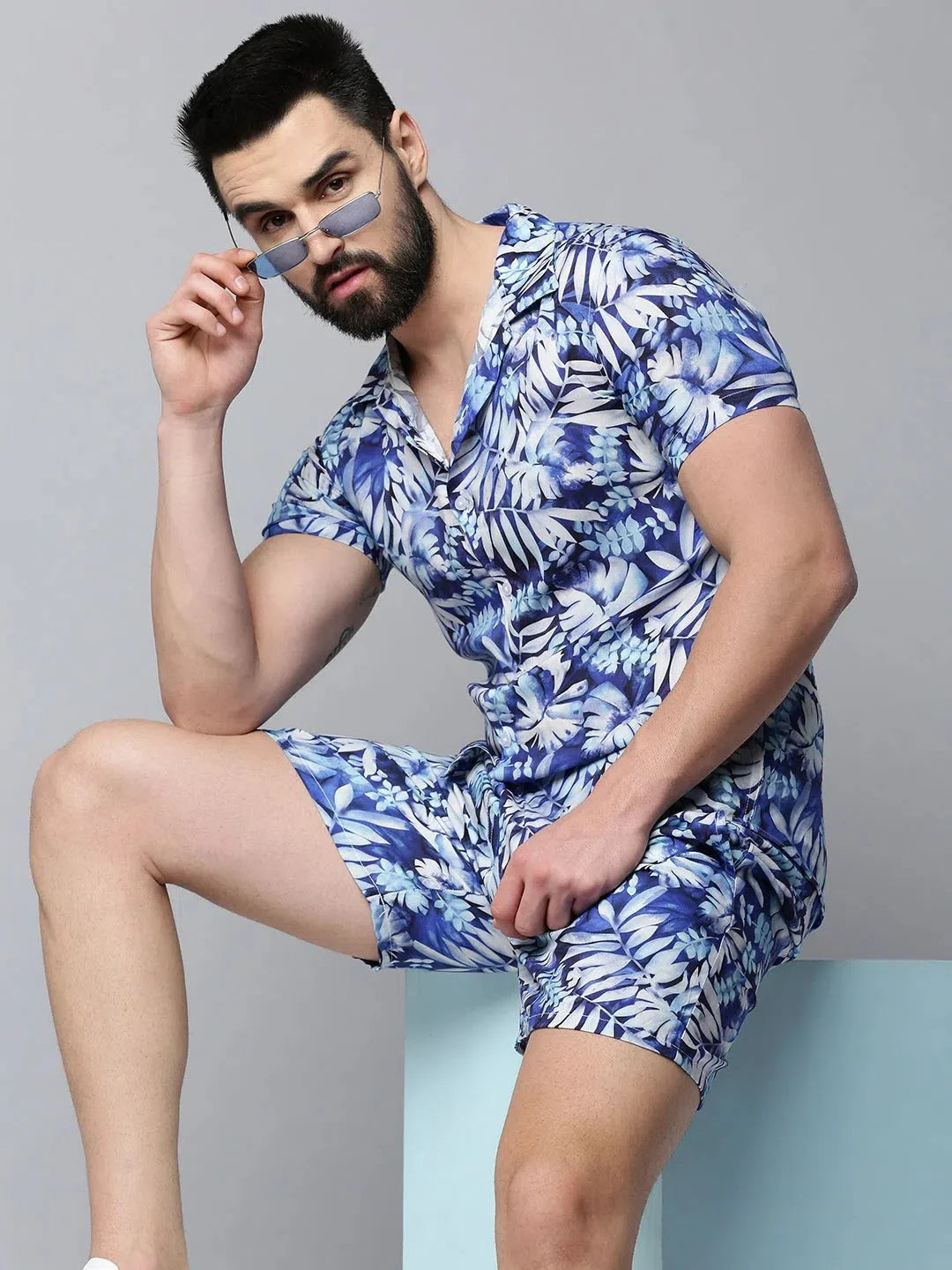 Men Blue Printed Casual Co-Ord Set-AM-78-4-Blue