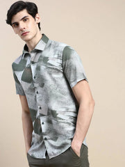 Men Green Graphics Casual Shirt-GEORGE-1638-Olive