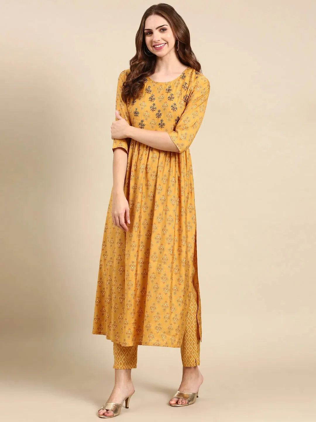 Mustard Women's Kurta Set - Ethnic Print Polyester Kurta Sets