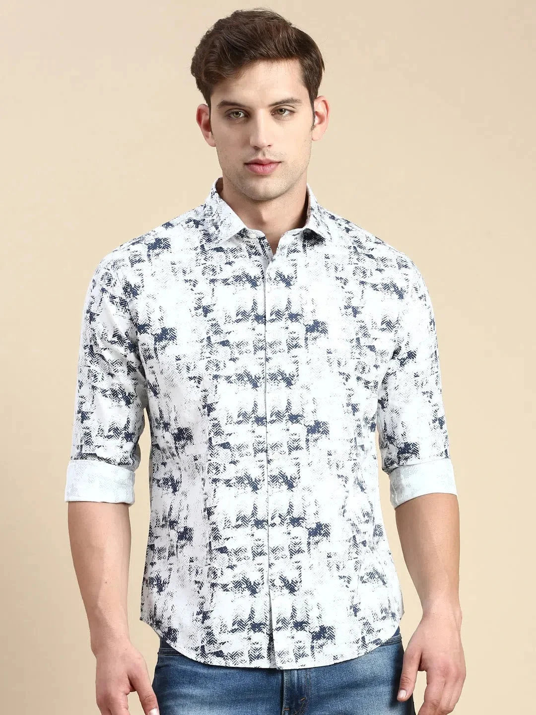 White Printed Mens Shirt - Cotton Casual Shirt | DesiQlo          0