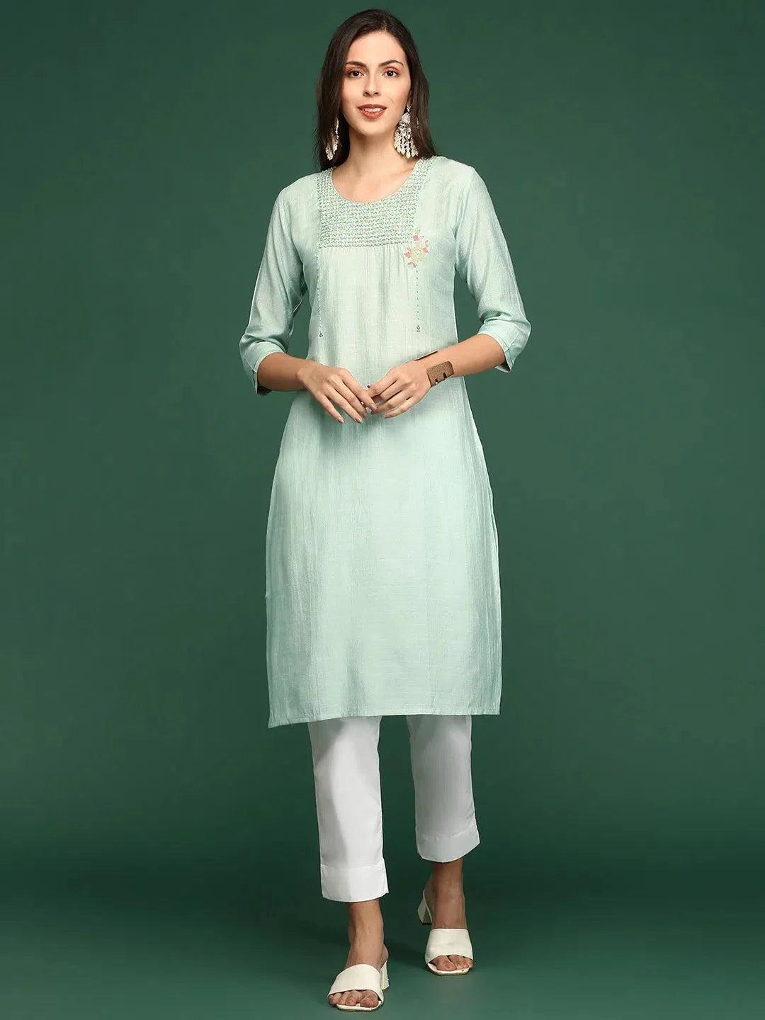 Green Embellished Cotton Indian Kurta for Women | DesiQlo