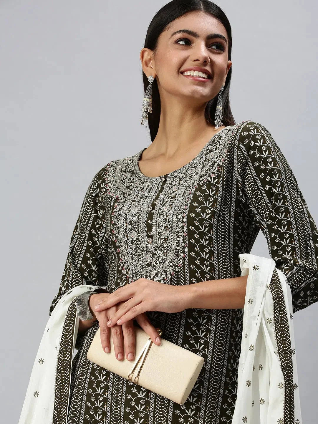 Olive Printed Kurta Sets - Women's Cotton Kurta Sets