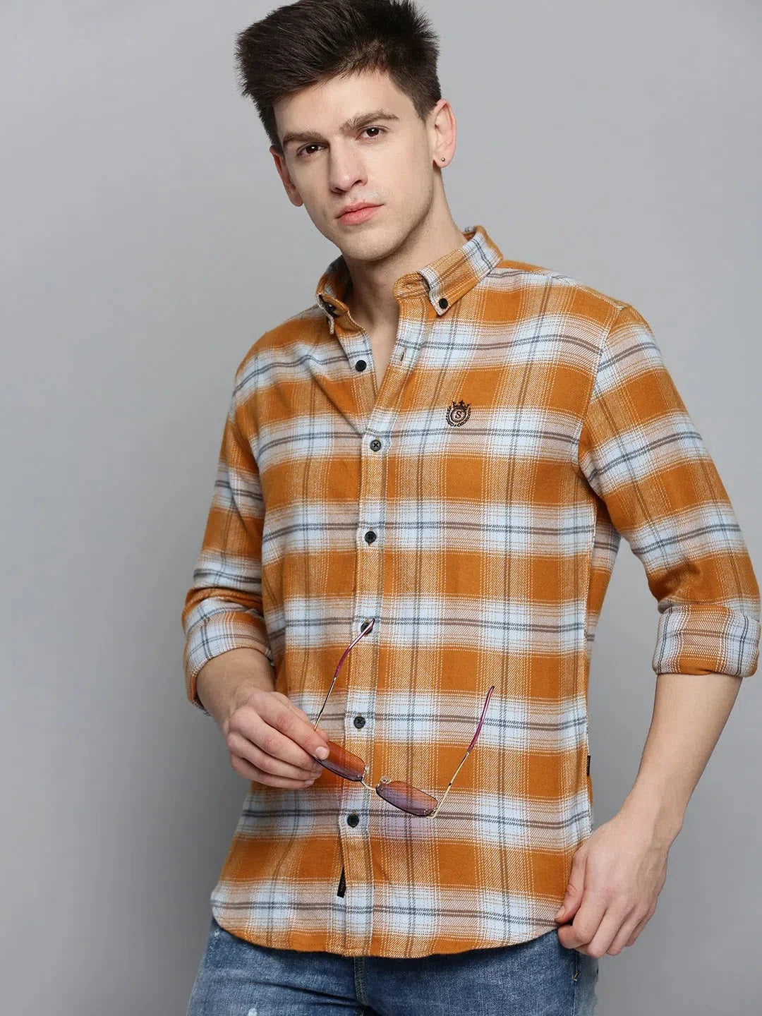 Men Orange Checked Casual Shirt-AARONCHECKS-4351-Orange