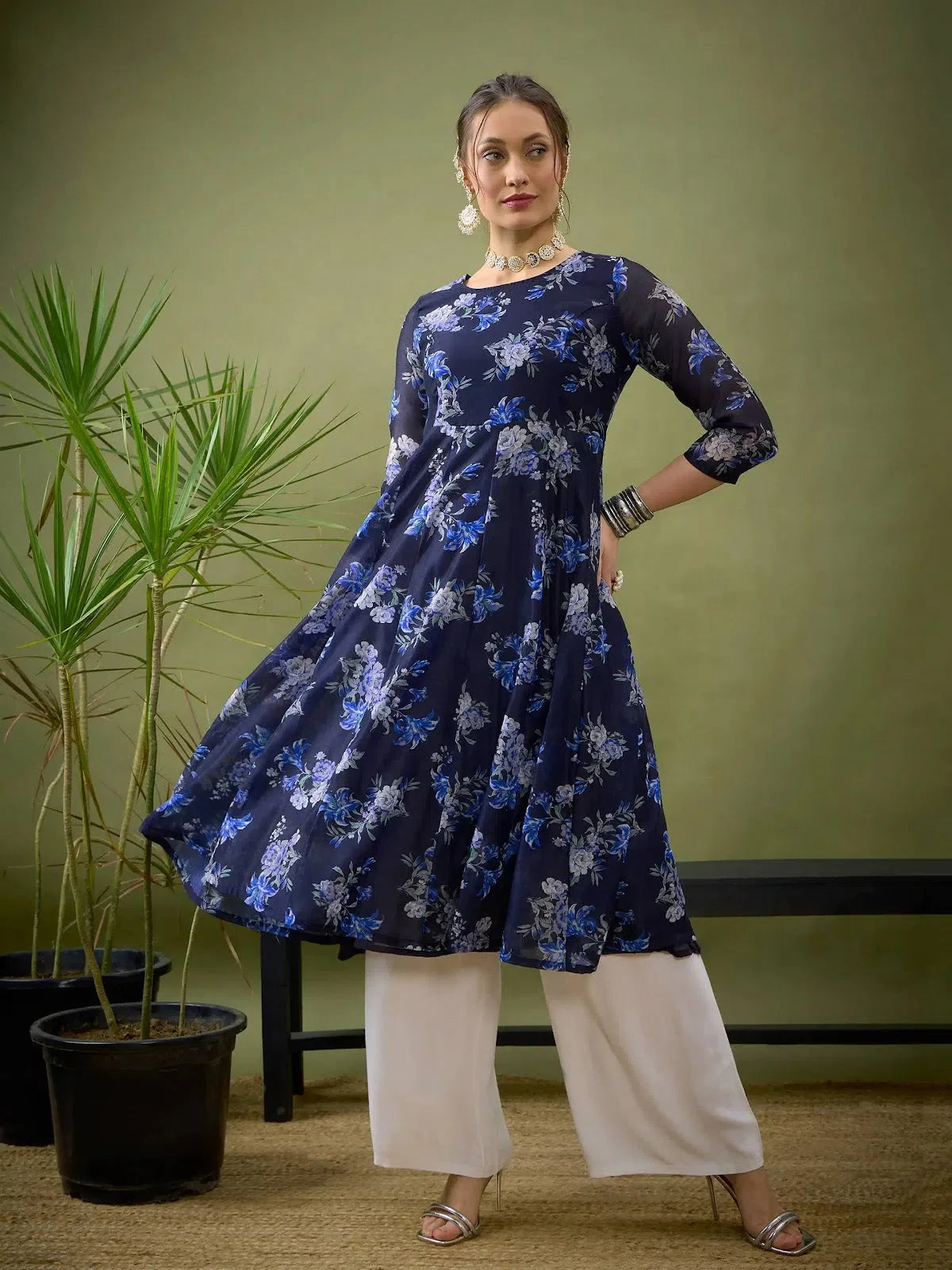 Navy Floral Anarkali Dress | Maxi Anarkali Kurtis for Women