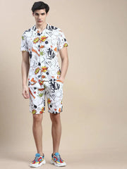 Men White Printed Casual Co ord Set-MARSHALL-1859-White