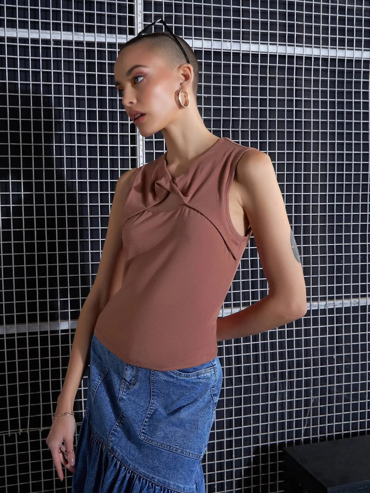 Brown Twisted Neck Top - Women's Western Wear Outfits