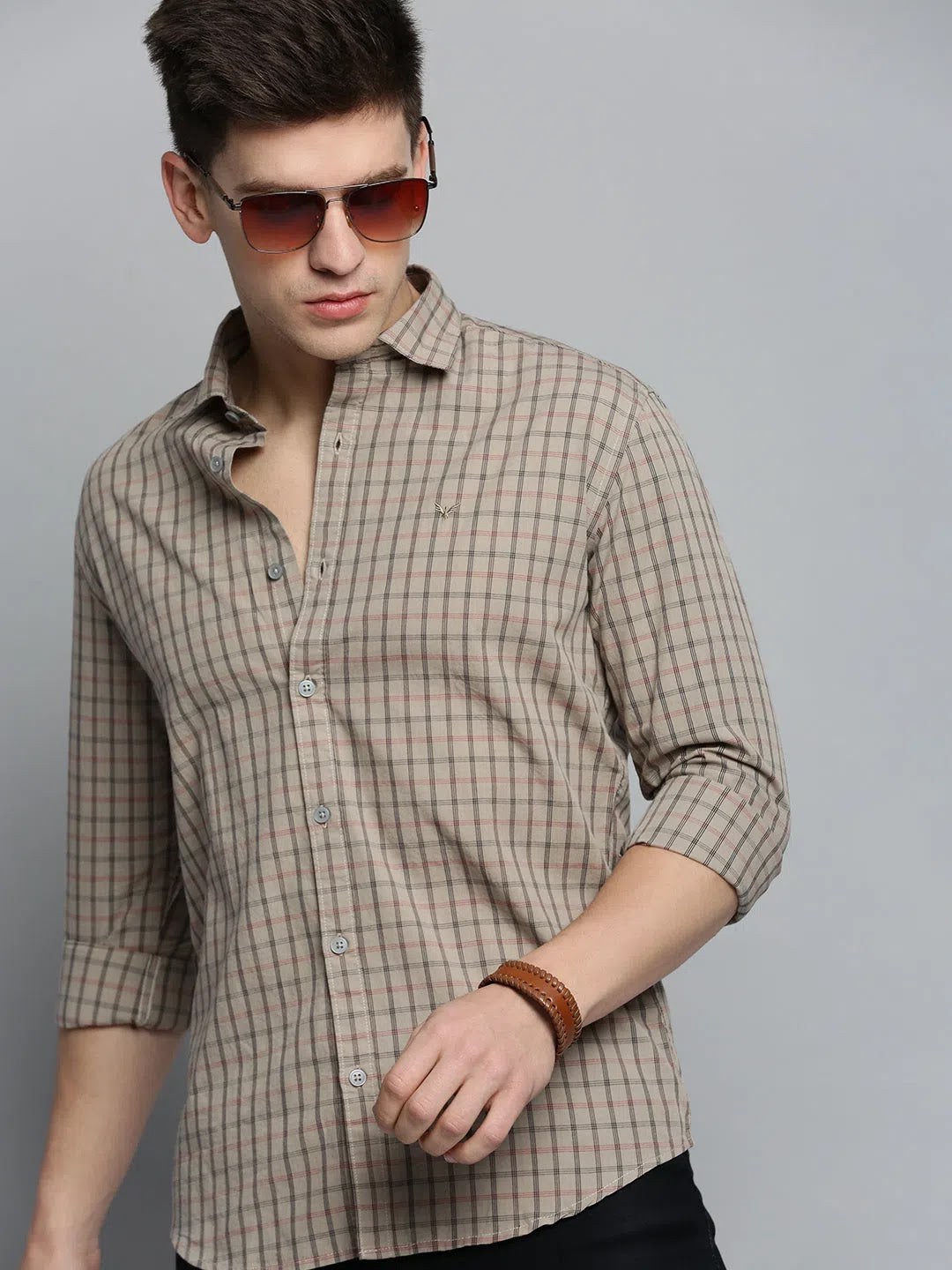 Men Beige Checked Casual Shirt-QUERENCIACHECKS-3359-Beige