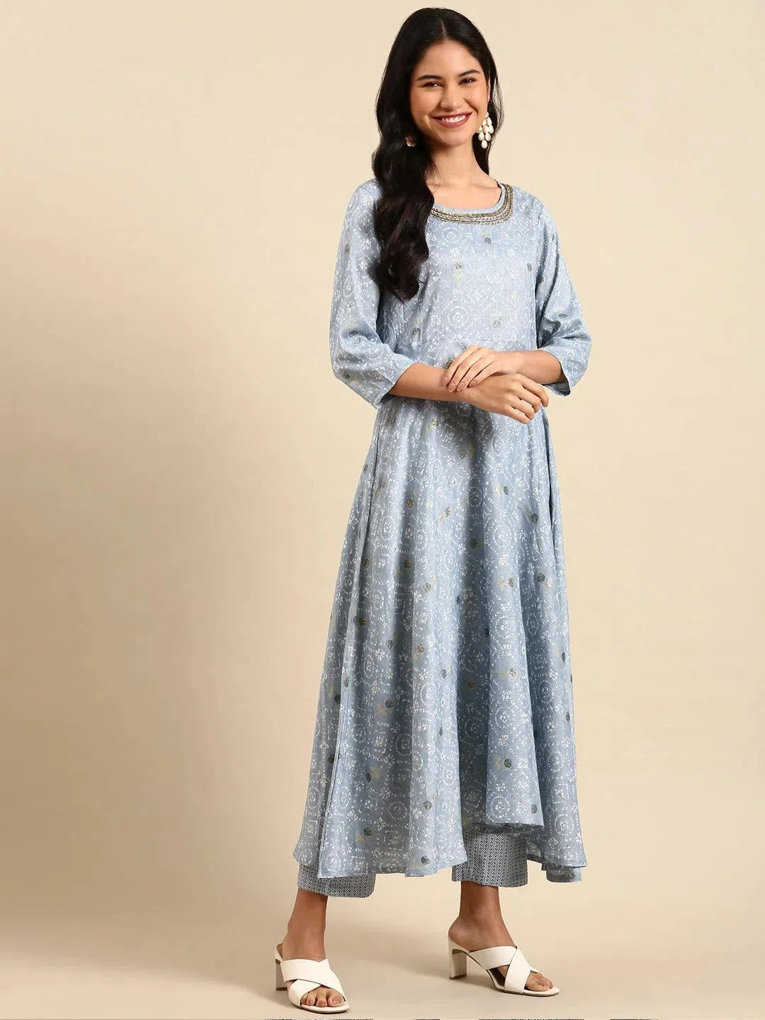 Blue Floral Print Kurta Set | Women's Designer Kurta Sets