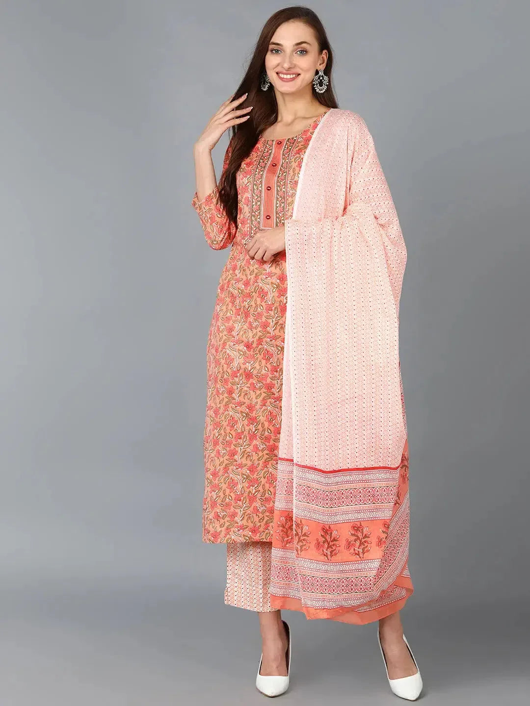 Women Peach Rayon Blend Printed Straight Kurta Pant Set-VKSKD1043A