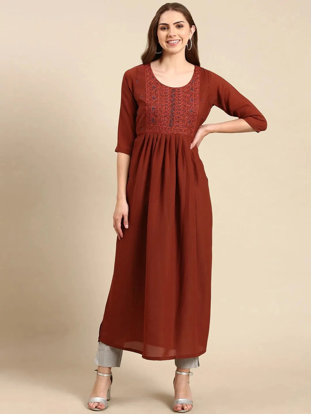 Brown Embellished Anarkali Kurta - Women's Anarkali Suits