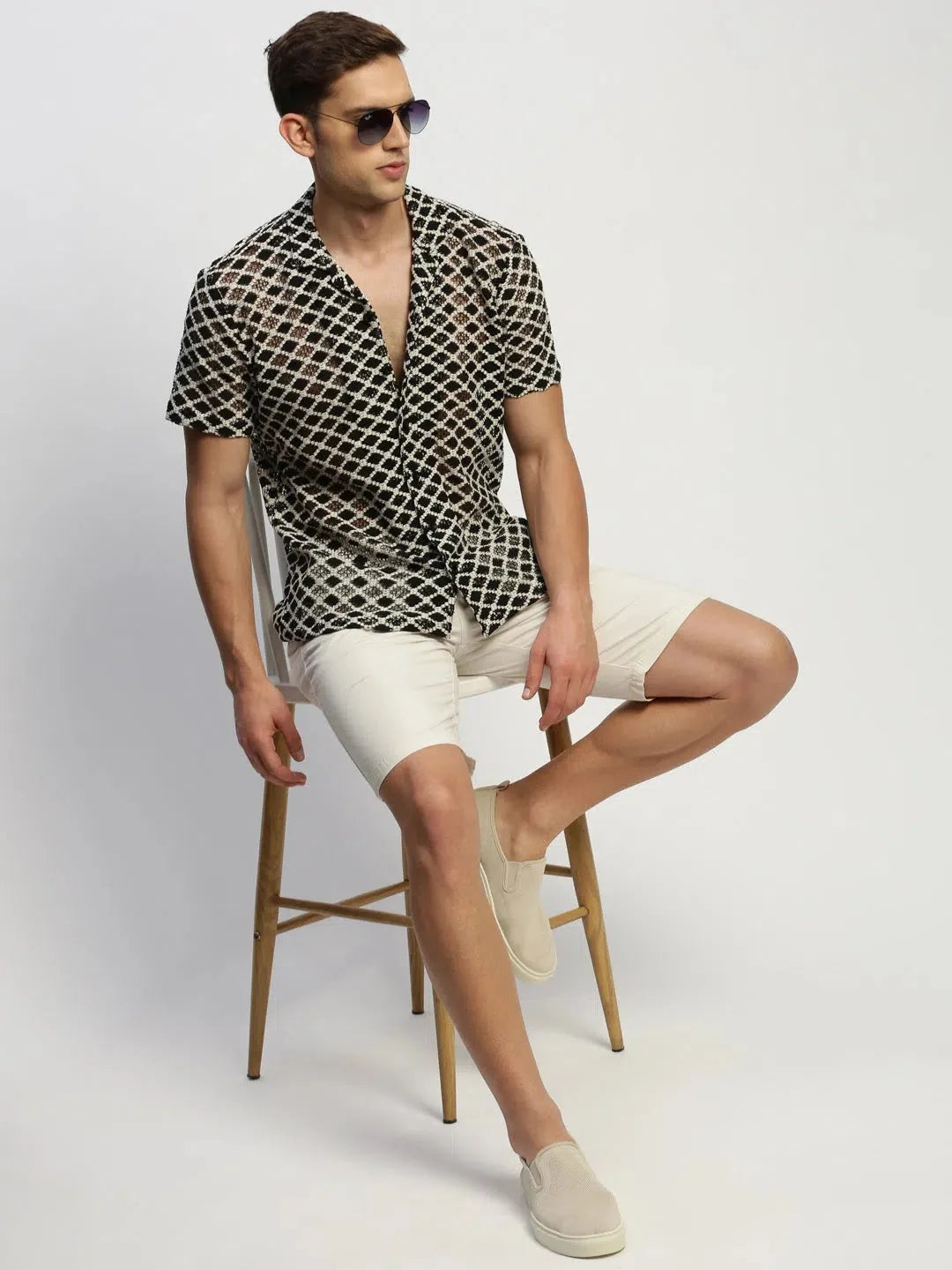 Men's Cream Geometric Shirt - Stylish Cotton Shirt | DesiQlo