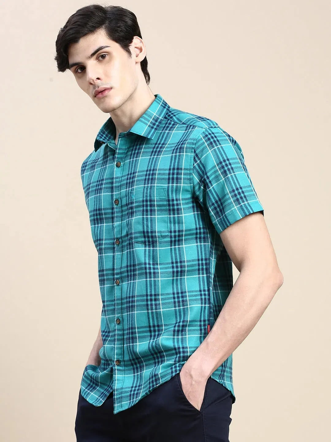 Green Checked Mens Shirt - DesiQlo Cotton Casual Wear