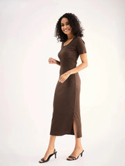 Women Brown Rib Square Neck Slit Midi Dress