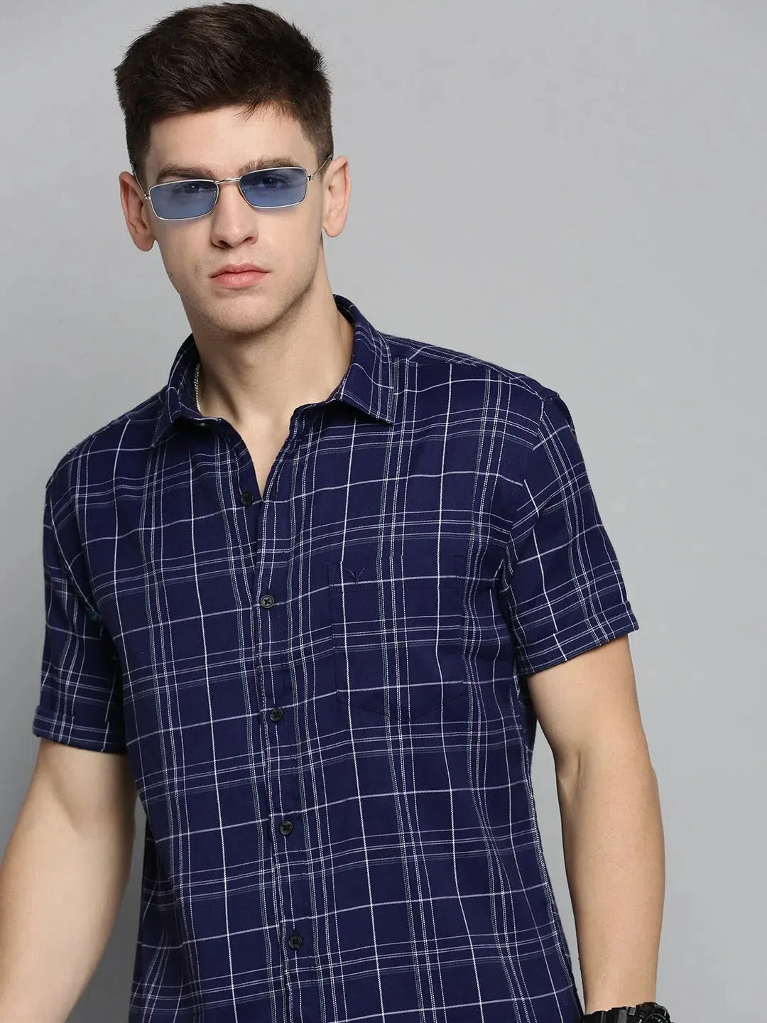Men's Navy Checked Cotton Shirt | Casual & Stylish