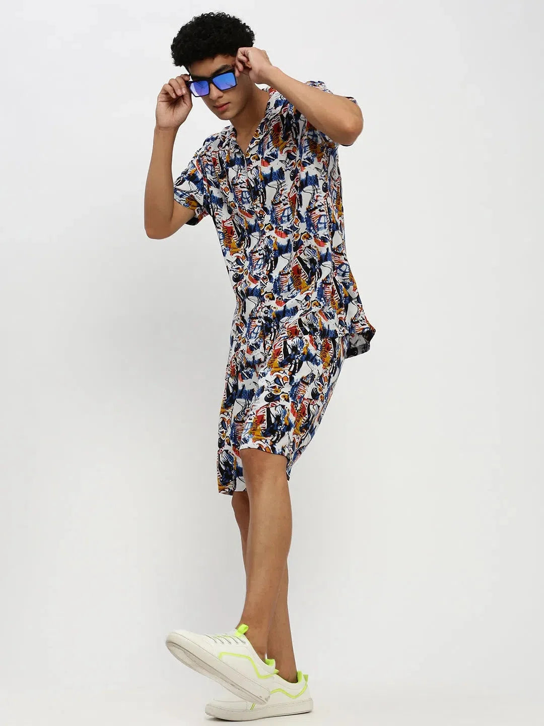 White Printed Mens Two Piece Sets - Cotton Co ord Sets for Men