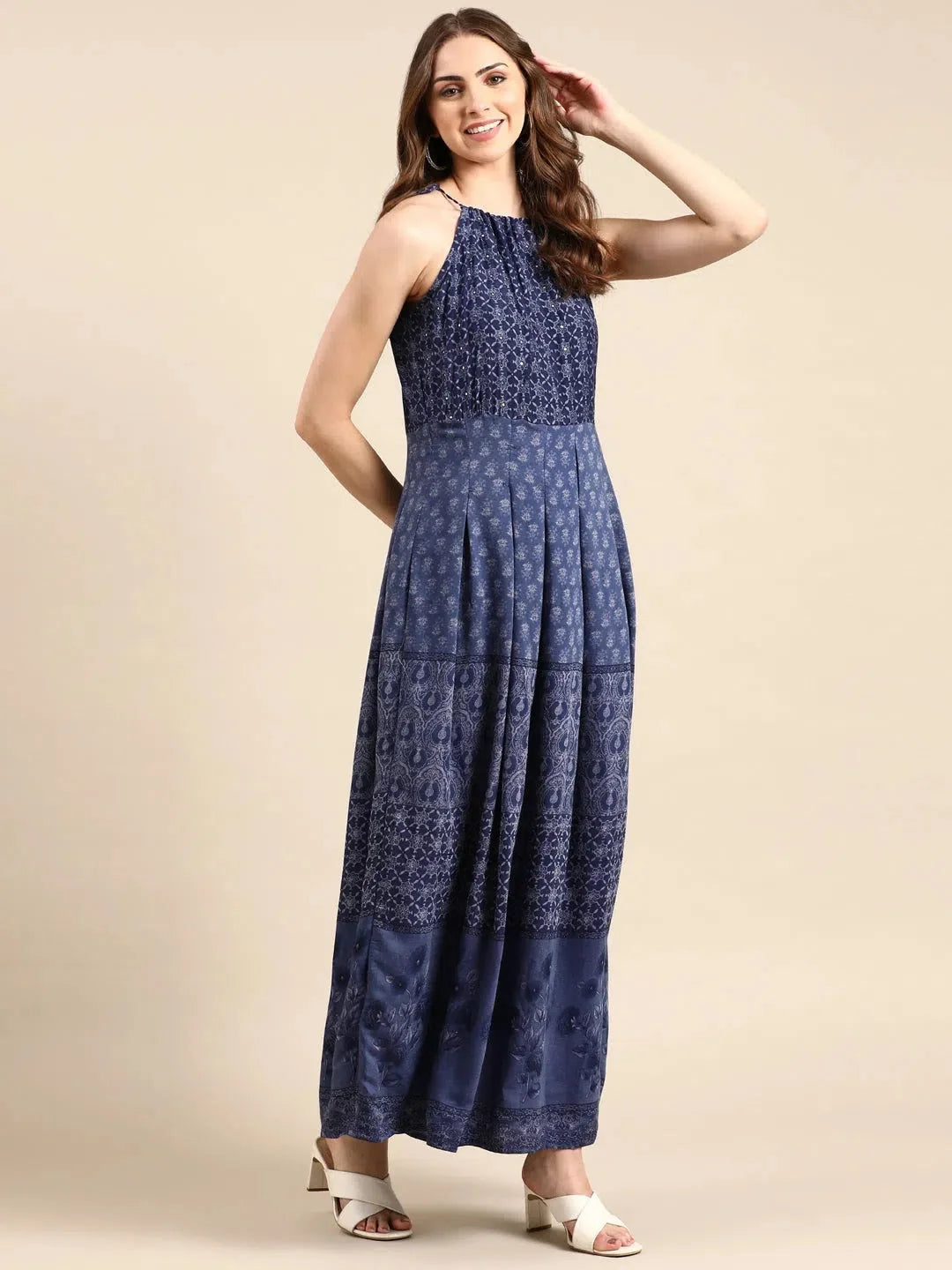 Navy Blue Printed Anarkali Kurti - Women's Viscose Anarkali