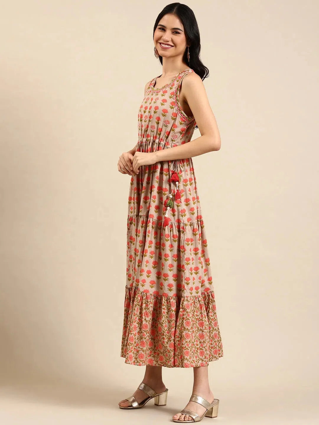 Beige Printed Cotton Anarkali Kurta | DesiQlo Online
