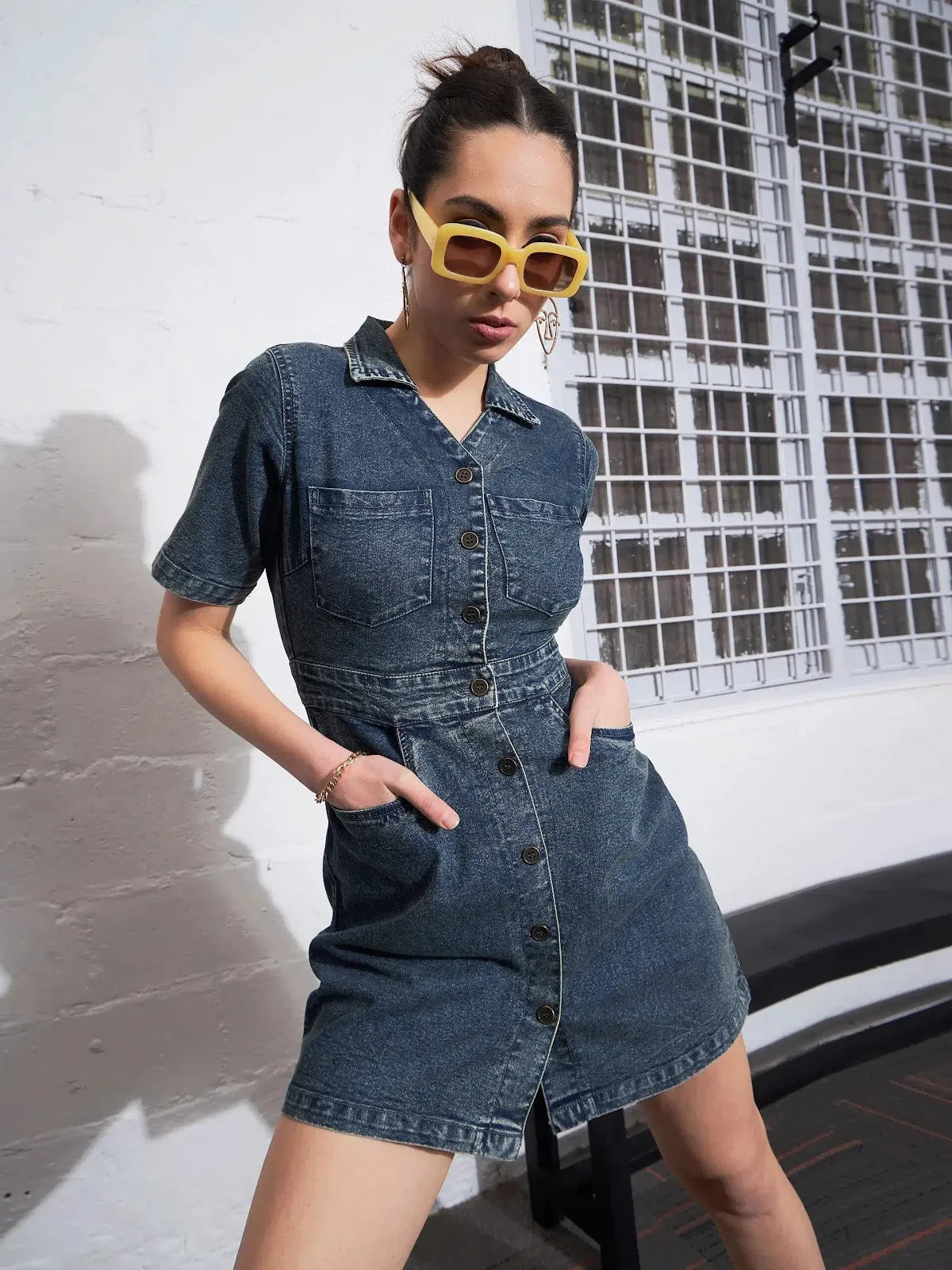 Denim Front Button Mini Dress - Women's Blue Blast Dress