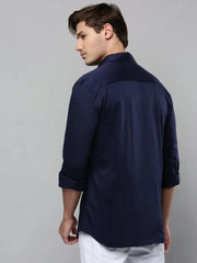 Men Navy Solid Casual Shirt-SAATVIKKNITS-4445-Navyblue