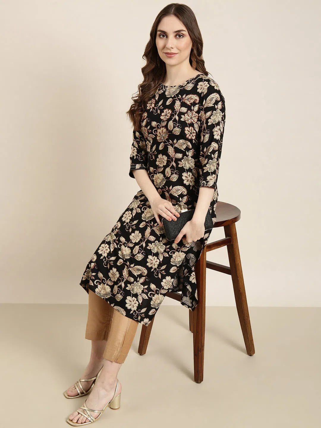 Black Floral Cotton Kurta - Modern Indian Kurta Ladies