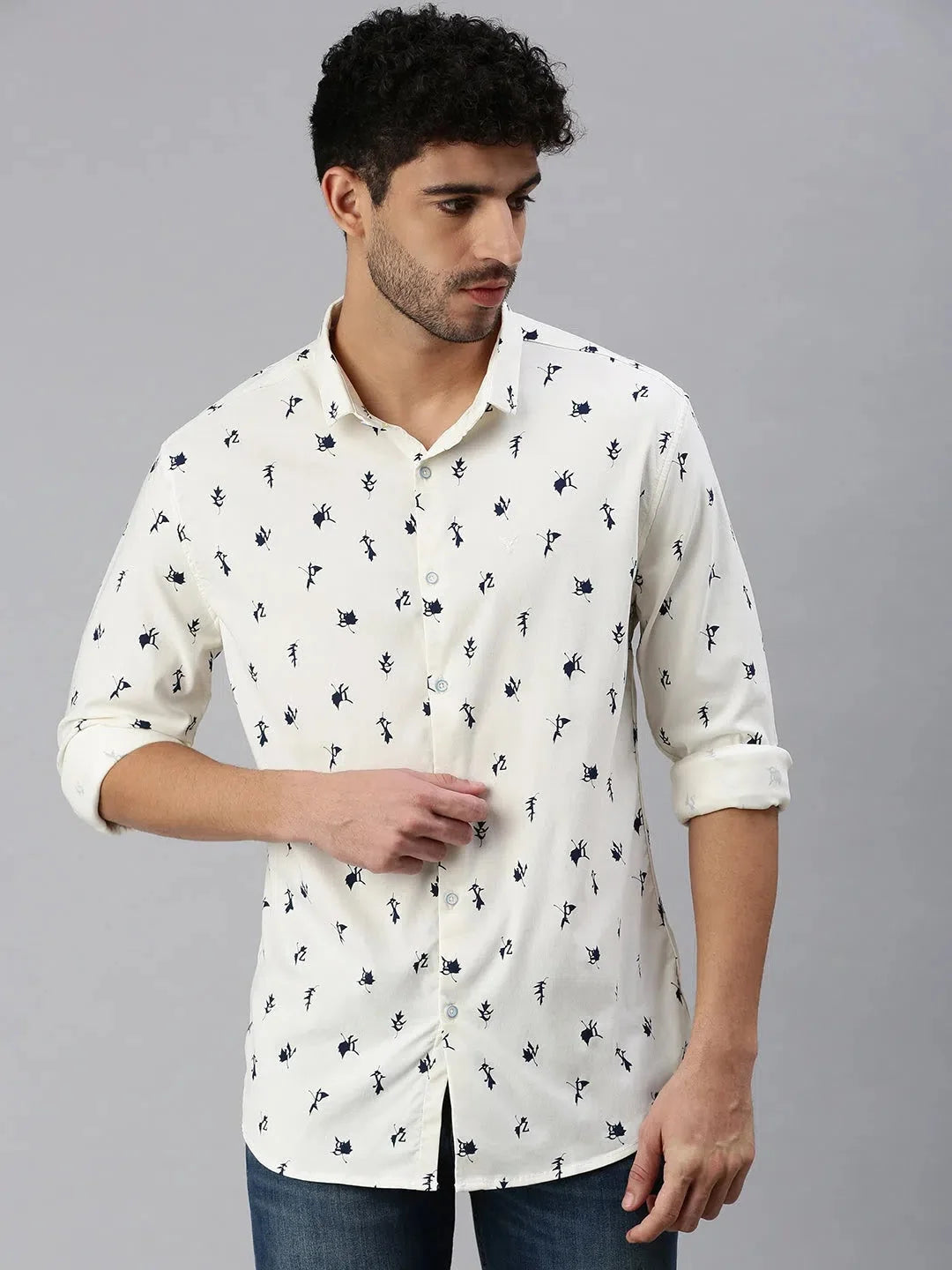 Cream Printed Mens Shirt | Cotton Casual Shirt by DesiQlo