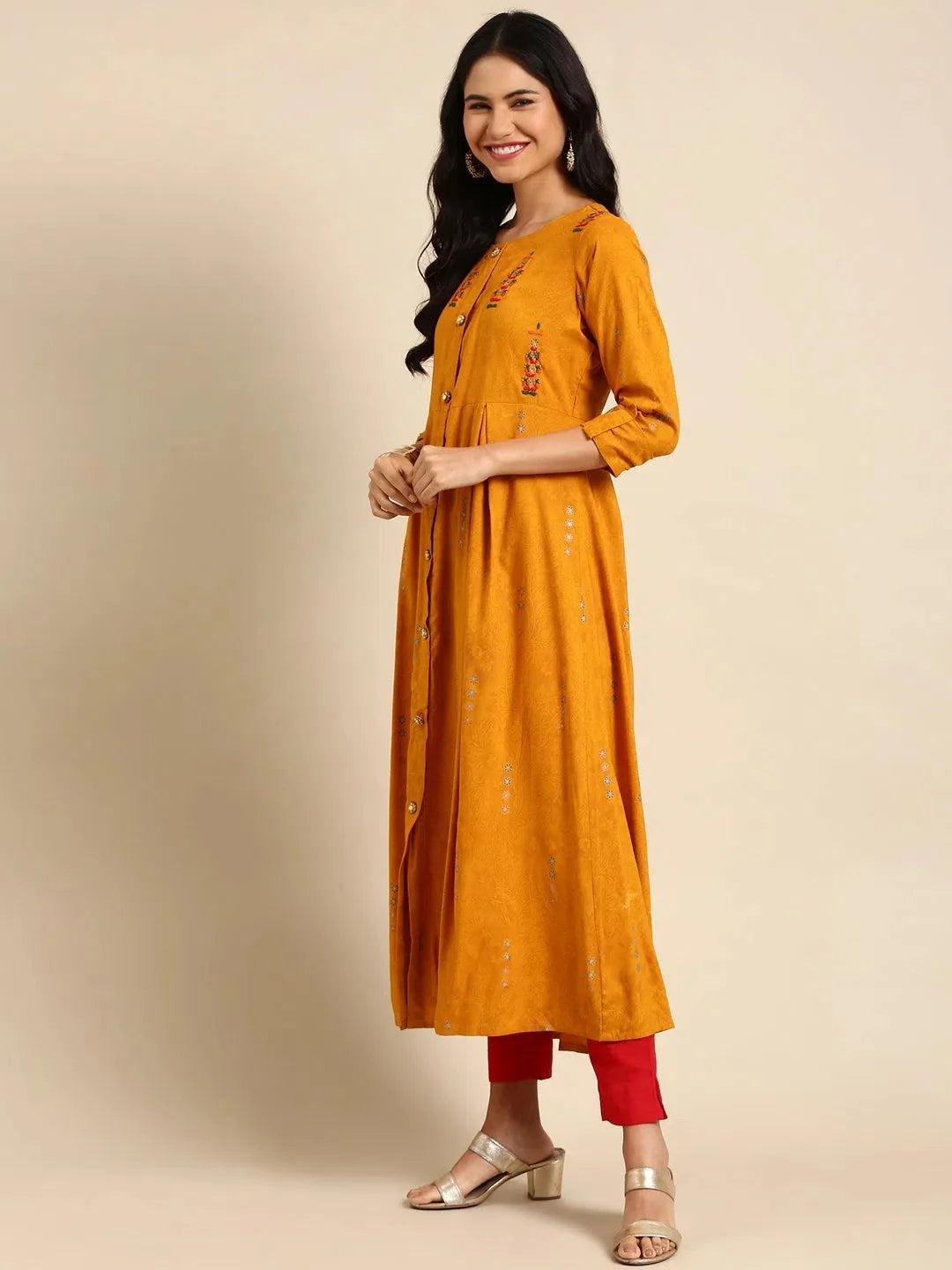 Women's Yellow Printed Cotton Anarkali Kurti | DesiQlo