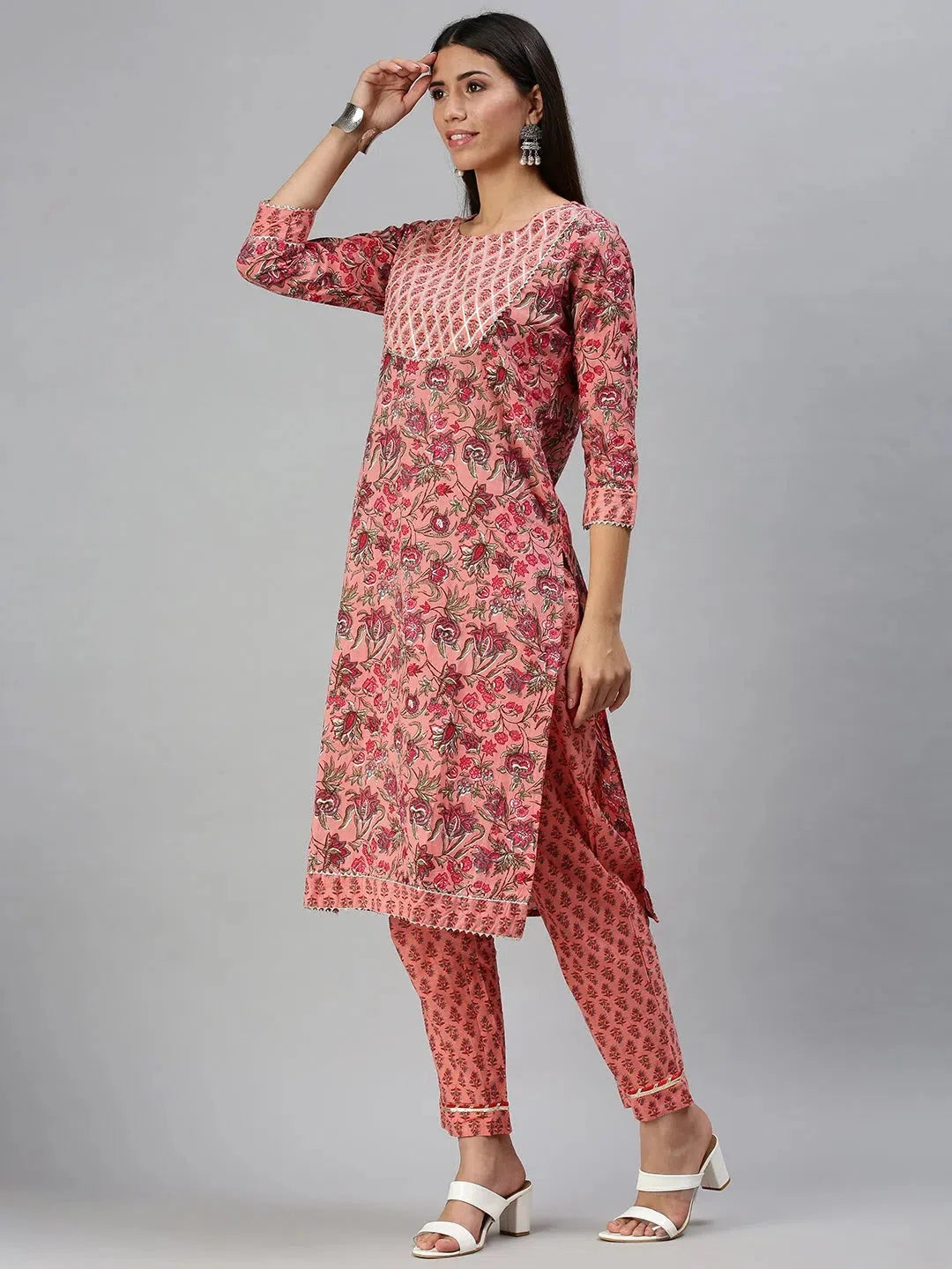 Peach Floral Print Cotton Kurta Set for Women | Indian Kurta