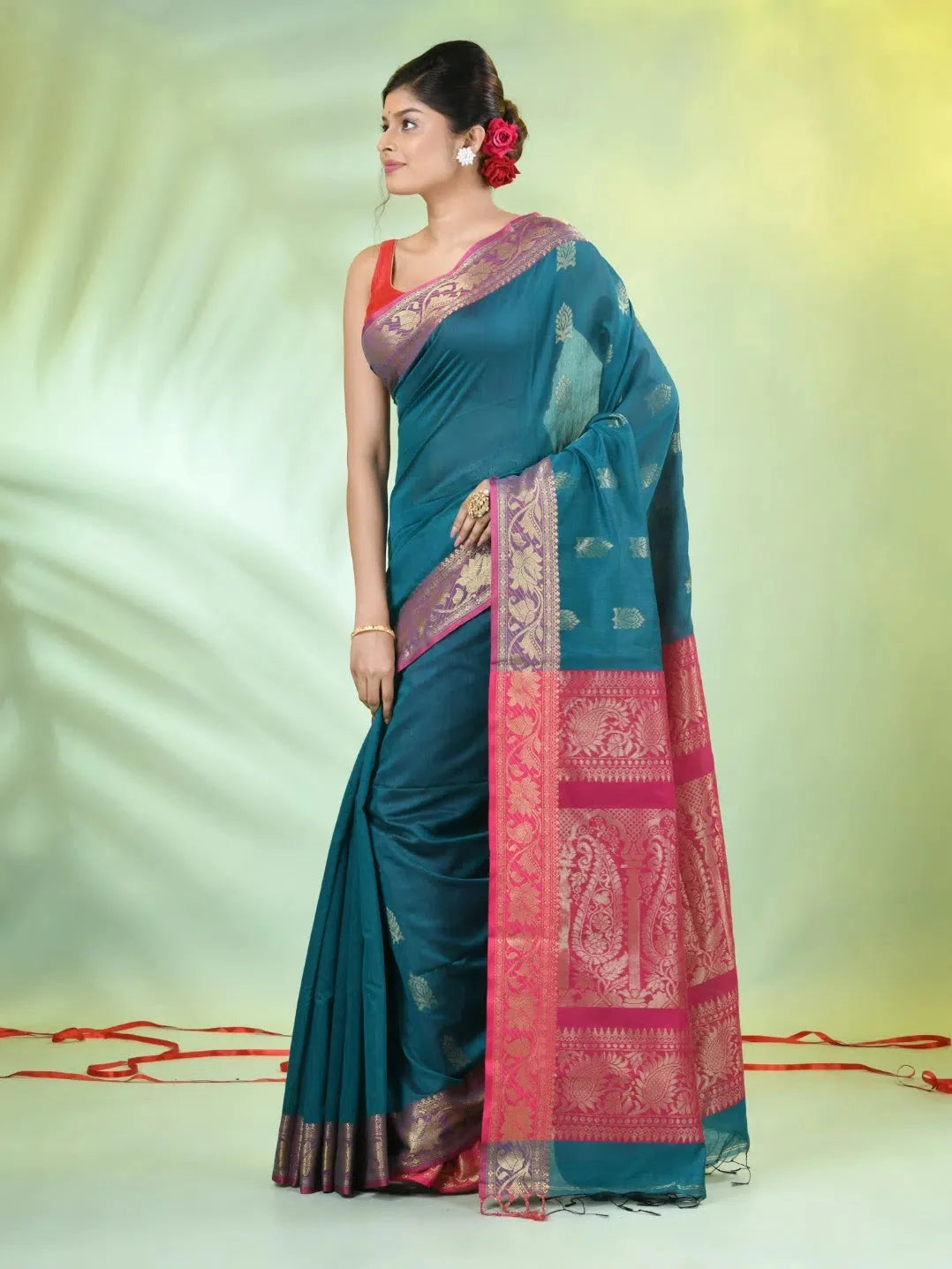 Teal Cotton Saree: Nakshi Zari, Designer Sarees India